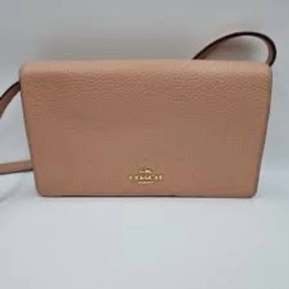 Coach Pebbled Leather Envelope Wallet Crossbody Nude Foldover Clutch Gold HW WOC